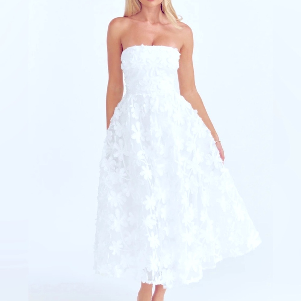 Angel Biba Strapless White Floral Appliqué Midi Dress size S  new